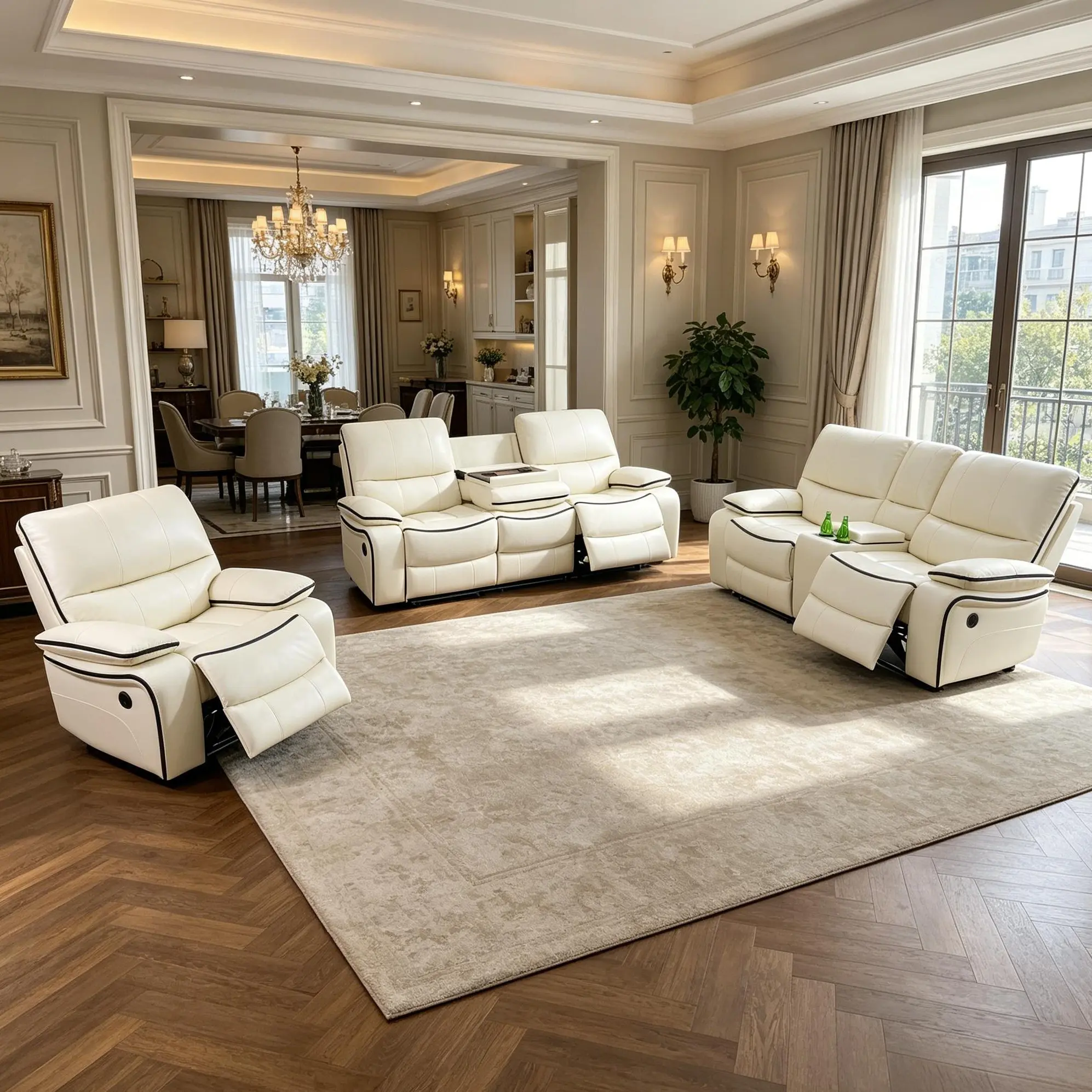3-Piece Adjustable Reclining Sofa Set - Sturdy Solid Frame, Durable Scratch-Resistant Bonded Leather, Compact Stitching, Independent Single-Seat Recliners, High Weight Bearing, Assembly Required for Living Space, Leather Sofa, Contemporary Couch Set, Manu