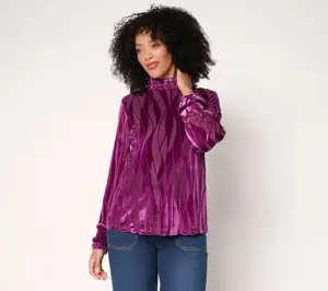 LOGO Lavish by Lori Goldstein Burnout Velvet Smocked Neck Long Sleeve Top