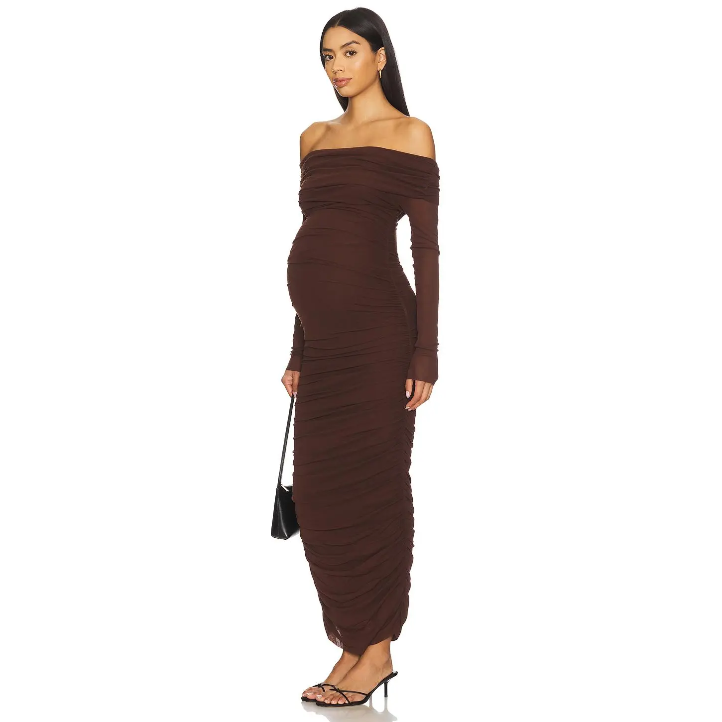 BUMPSUIT Off The Shoulder Mesh Dress in Chocolate