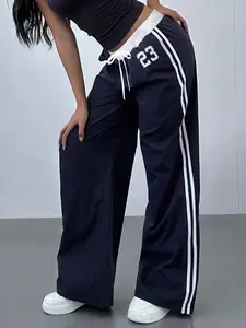 Autumn Winter New Colorblock Adjustable Drawstring Loose Casual Pants, Number 23 Print, High Waist Straight Leg Side Stripe Pockets
