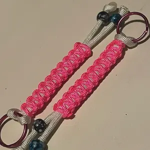 Handmade Pink Paracord Keychain with White Core and Beads key charms