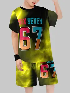 Boys' Trendy Gradient Short Sleeve Two-Piece Set, Shimmer Light, Casual Cartoon Style, Fitted Crop Top, Clothing Sets