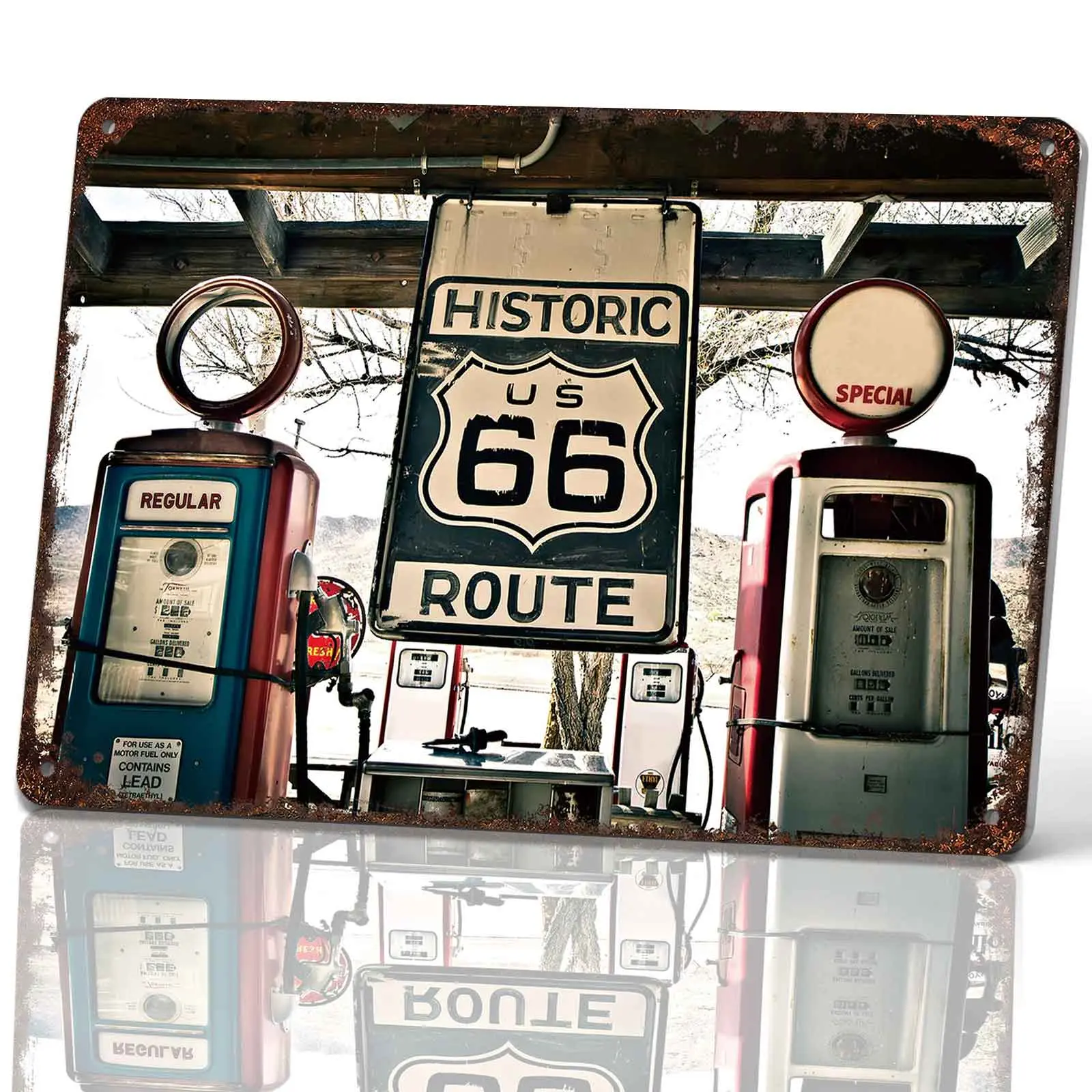 Historic Route 66 Gas Station Aluminum Home Sign - 8x12 Inch Antique Style Classic Wall Decor for Garage, Bar, Aluminum Home Signs, Antique Style Home Signs