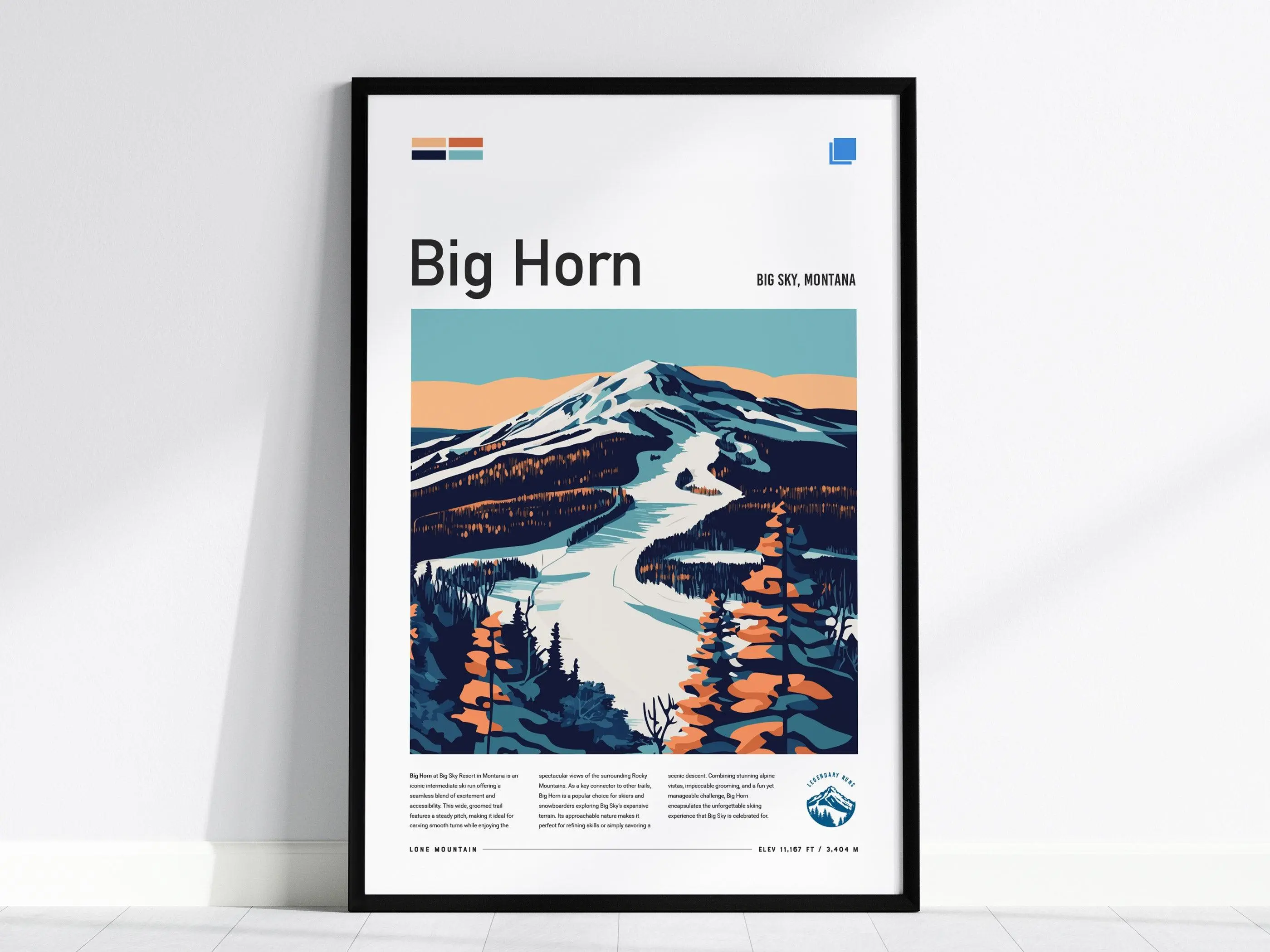 Big Horn Ski Run Big Sky Poster | Montana Skier and Snowboarder Wall Art | Framed or Unframed