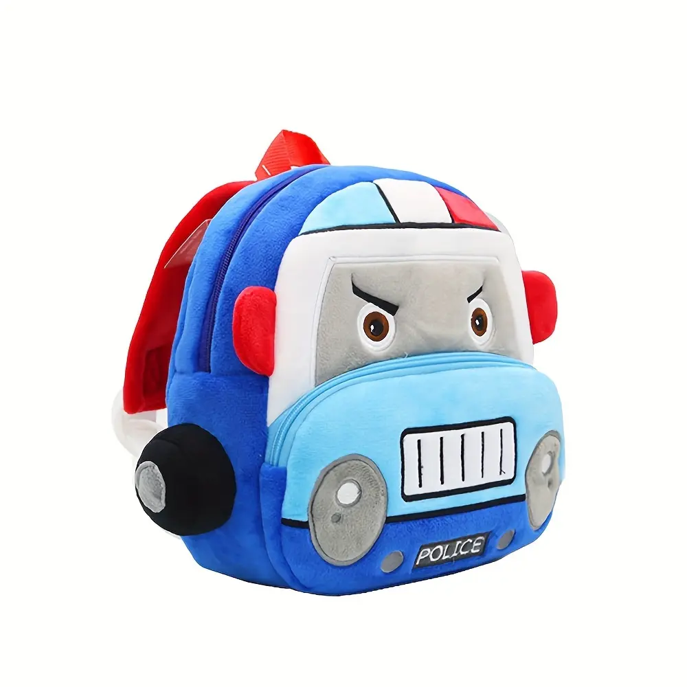 Kids' Cute Plush Backpack with Cartoon Police Car & Fire Truck, Lightweight Fade Resistant Polyester Bag for Toddlers, Kindergarten & School, Cartoon Patterns