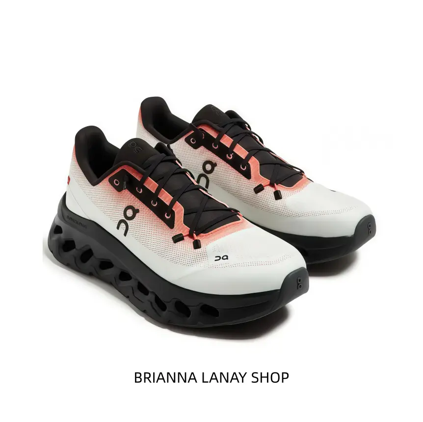 White & Orange Retro Trainers – Black Laces, Gradient Mesh Upper, Hollow Cushion Midsole, Trendy Lightweight Sneakers.