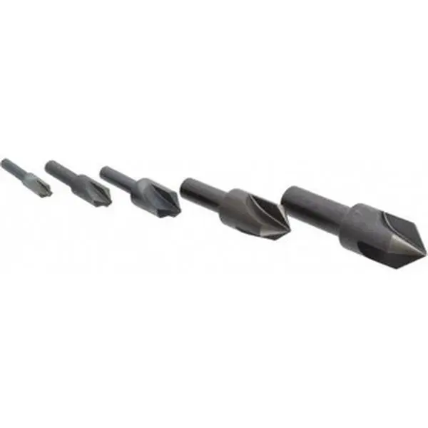 Cleveland Twist Drill 5-Piece High-Speed Steel Countersink Set (C00973) - 1/4 to 3/4" Head Dia, 82° Included Angle, Single End, 1.5 to 2.63" OAL, 0.188 to 3/8" Shank Dia, 3 Flutes, for Countersinking, 5-Piece Set, Three Flutes