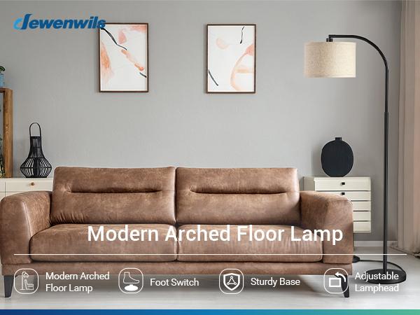 DEWENWILS Arched Floor Lamps with Adjustable Beige Line Lampshade, Standing Tall Arc Lamp for Living Room, Bedroom, Office, Simple Design Farmhouse Style (Black)-HLFL04E