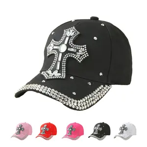 Women's Casual Rhinestone Cross Baseball Cap, Adjustable Glitter Hip Hop Wide-Brimmed Caps