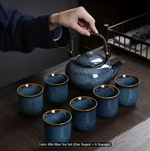 1 Set Ceramic Tea Set, Kiln Changing Blue Lifting Beam Pot Tea Maker Cup With 1 Teapot, 6 Teacups, Unique Chinese Tea Set For Home Guests And Gifts, Teaware, Tea Ceremony Supplies