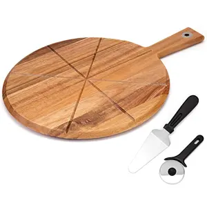 Acacia Wood Pizza Peel, 12 inch Pizza Cutting Board Set with Pizza Cutter and Server, Wooden Pizza Paddle Pizza Chopping Board with Handle for Homemade Pizza, Baking, Cutting Vegetable, Cheese