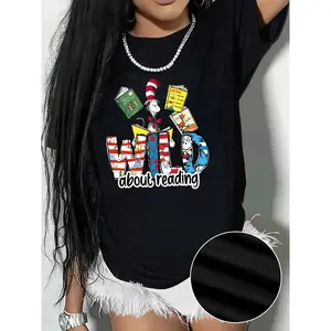 Wild About Reading Black Cotton T-Shirt for Women, 180g Short Sleeve, Soft Comfortable Crew Neck, Vibrant Dr. Seuss Inspired Print, Perfect for Book Lovers, Casual Cute Tee, Unique Literary Style, Ideal for Everyday Wear