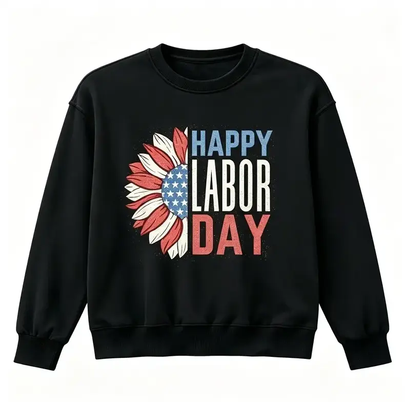 Happy Labor Day Sunflower US Flag Crewneck Sweatshirt, Retro Patriotic American Flag Long Sleeve Pullover Top, Labor Day Holiday Outfit Gift For Men & Women #SohoChic