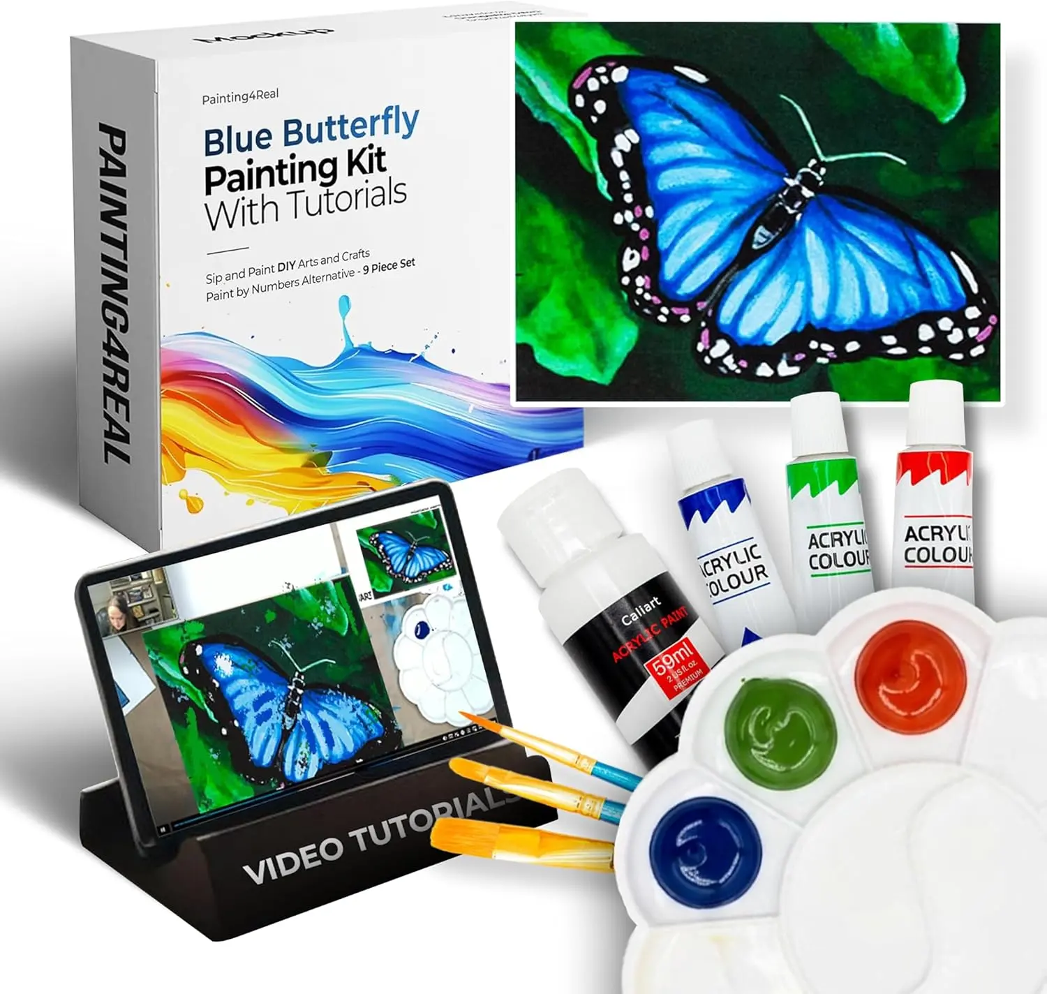 DIY Blue Butterfly Acrylic Painting Kit with Video Tutorials - 9pc Art Set for Adults and Beginners