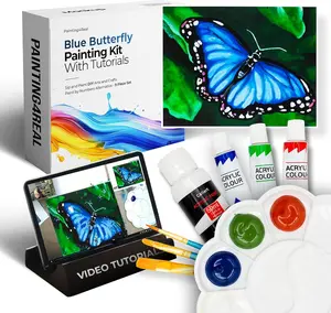 DIY Blue Butterfly Acrylic Painting Kit with Video Tutorials - 9pc Art Set for Adults and Beginners