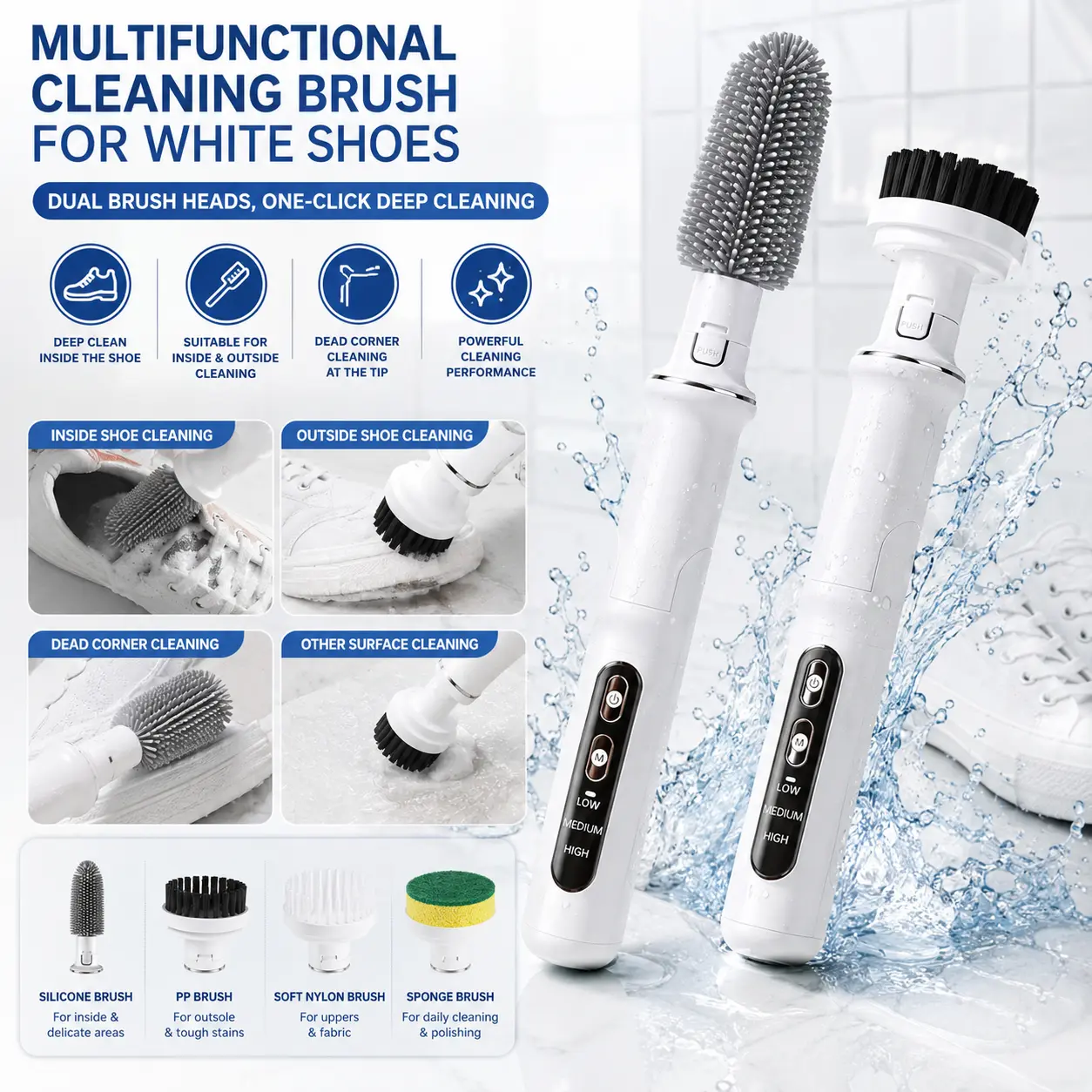 Electric Spin Scrubber, Cordless Power Scrubber with 4 Replaceable Brush Heads, 3-Speed Adjustable Cleaning Brush for Bathroom, Shower, Tub, Tile, Grout, Kitchen & Shoes