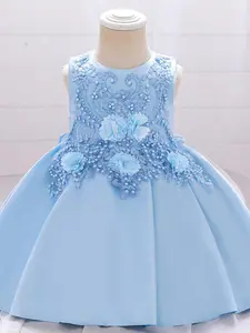 3M-5Y Anniversary Blue Baby Girls Clothes Applique Infant Birthday Cocktail Dress Toddler Pageant Newborn Ball Gown Princess Baptism Frock