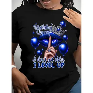 Women's Shirts Queen's Birthday Queen Pattern T-shirt Cotton Casual Round-neck T-shirt with Balloon and Lip Print Regular Length Knitted Fabric Suitable for All Seasons Allseason Top Humorous Design Medium Elasticity