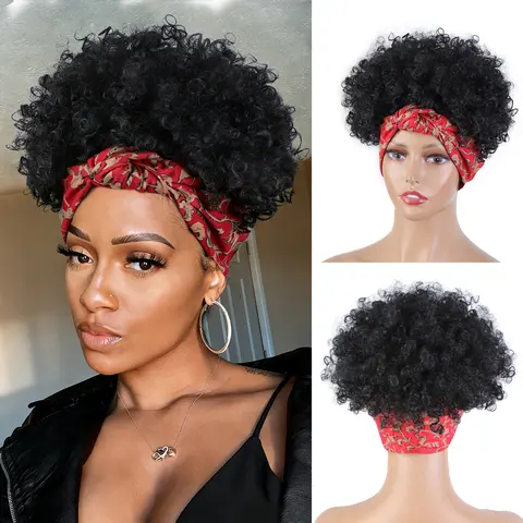 NAYASA Women's Black Glueless 2-in-1 Headband Head Wrap Wig - Short Kinky Curly Fiber Synthetic Wig with Cotton Calico, Integrated Strap, Realistic Look, Easy to Wear, Versatile Styling for Daily, Party Use