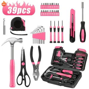 39pcs Pink Tool Kit Screwdriver Utility Knife Scissors Tape Measure Hammer Internal Hex Wrench Pliers for Home Garage Garden Office College Dorm Ideal for Women