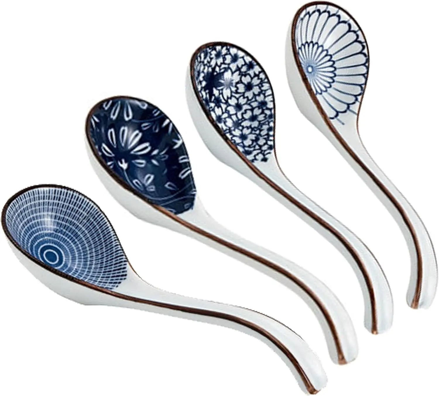 Ceramic Asian Soup Spoons Set of 4, Long Ramen Spoons for Pho, Wonton, Noodles, 4 Pcs