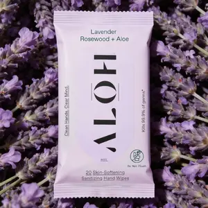 ALOH Hand Sanitizer Wipes Lavender Rosewood + Aloe Vera, Natural, Skin-Softening, 99.9% Germ Protection, Hydrating, Scented with Pure Essential Oils, Leaping Bunny Certified