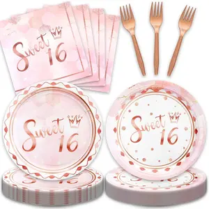 48pcs Sweet 16 Party Decoration Set,16 Dessert Plate,16 Napkin and 16 Fork,Sweet 16 Disposable Tableware for 16 Persons,Used for Pink Rose Gold 16 Party Supplies
