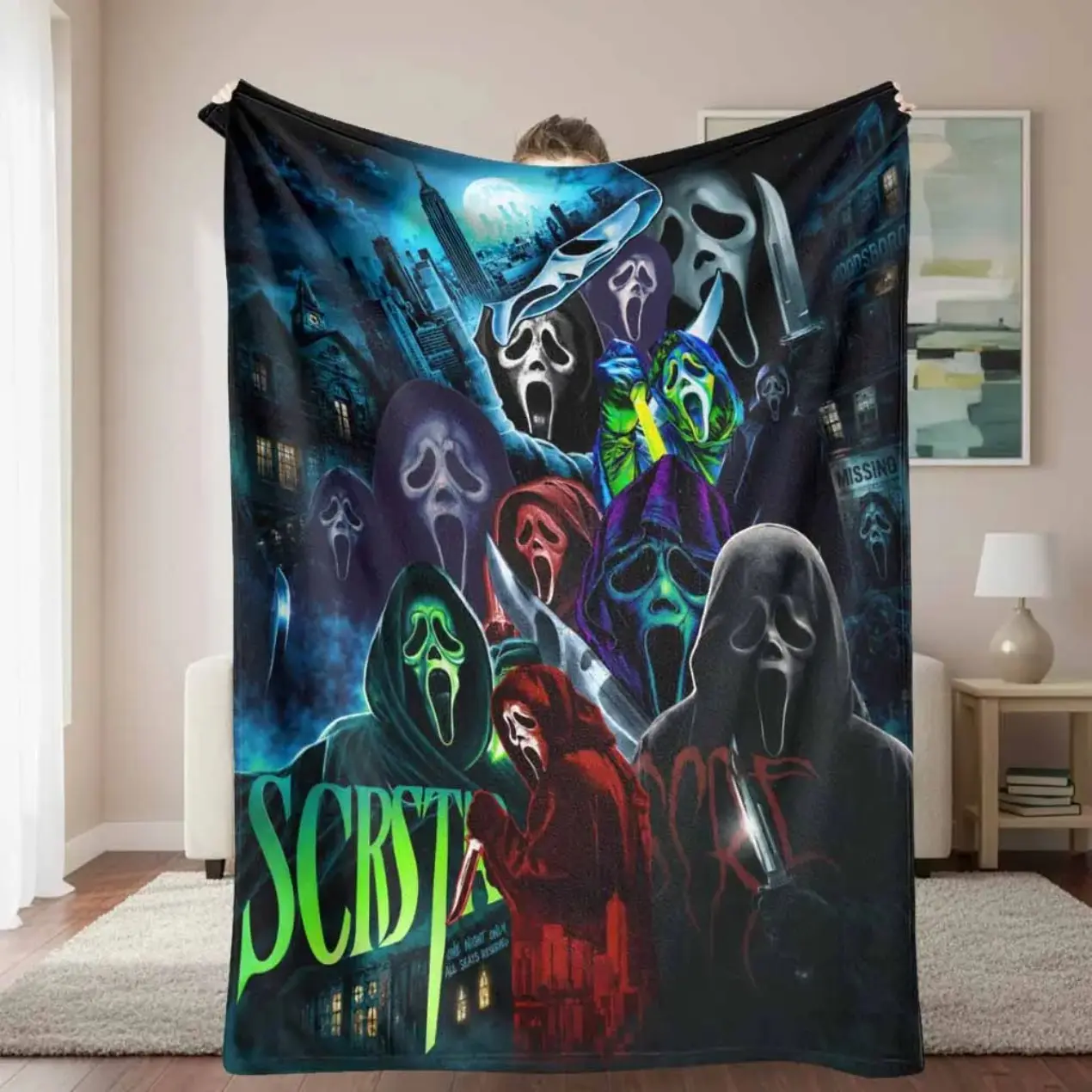 Cinematic Movie Slasher Graphic Blanket - Vibrant Neon Ghost Mask Print, Ultra-Soft Lightweight Plush Throw, Halloween Haunted Aesthetic Textile for Horror Lover Gifts, Watch Party Decor Adults