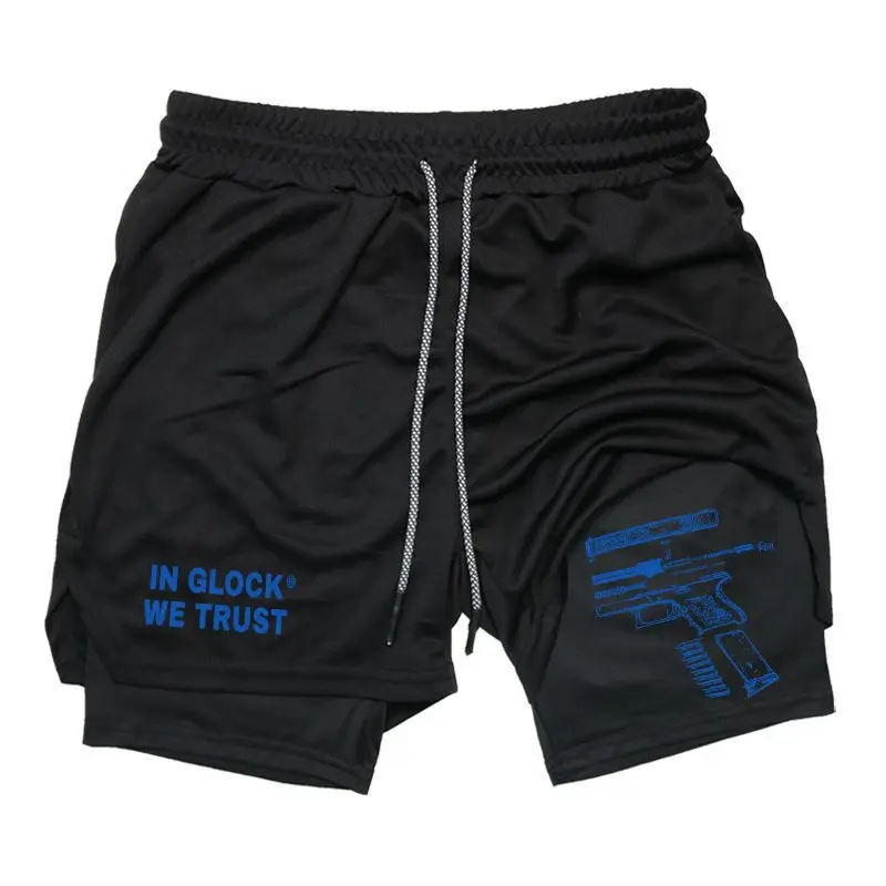 Men's Athletic Shorts with Hand & Gun Print, Quick-Dry 2-in-1 Design with Zipper Pocket and Drawstring for Outdoor Running
