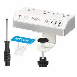 1pc Desk Clamp Power Strip With USB C, PD 20W Removable Fast Charging Desktop Edge Power Strip Surge Protector, 8.8Ft Extension Cord Flat Plug With 4 Outlet 4 USB Ports, Fit 1. 8" Tabletop Edge