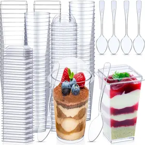 Mini Dessert Cups with Lids and Spoons Clear Plastic Shooter Cups Disposable Square Parfait Containers with Lids Round Dessert Cake Containers for Party Appetizer Pudding(100 Pack)