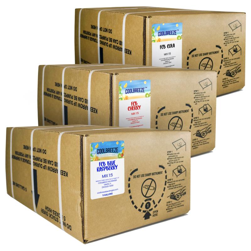 Coolbreeze® Beverages 5 Gallon Bag-In-Box Frozen Carbonated Beverage Slush Mix - 3 Flavor Pack
