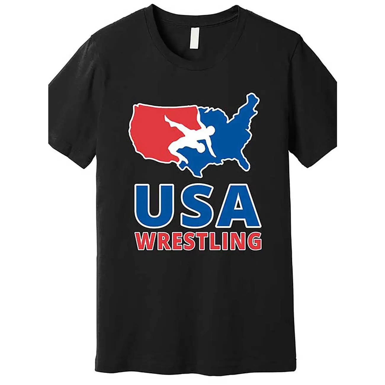Men's Premium Black Short-Sleeve Crew Neck USA Wrestling Graphic Tshirt - Comfy Relaxed Fit Casual Top, Soft Streetwear Tee with State Outline Design, Machine Washable, Round Neck, Breathable, Cotton, Fabric