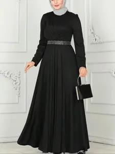 Elegant Women's Plain Long Dress, Loose-Fitting Modest Design, Contrast Sequins, Perfect for All Seasons, Fashionable A-Line Style, Muslim Evening Dress, Modest Islamic Clothing, Long Sleeve Dresses
