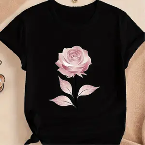 [100% Cotton] [100% Cotton] Elegant Pink Rose Graphic T-Shirt For Stylish Women . T-Shirt For Men And Women