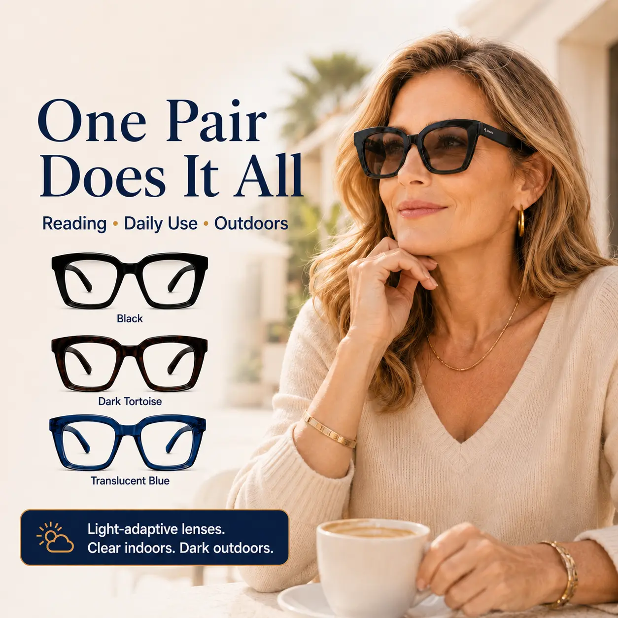 Progressive Multifocal Photochromic Reading Glasses for Women and Men, Oversized Square Frame, Lightweight Readers for Reading, Screen Use and Daily Wear
