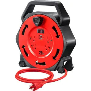 Cord Reel with 4 Power Outlets, 2-USB Ports(3.4A Fast Charge), 25FT Retractable Extension Cord Reel, Heavy Duty SJTW 16/3 , 13A Circuit Breaker, Hand Wind, UL Listed