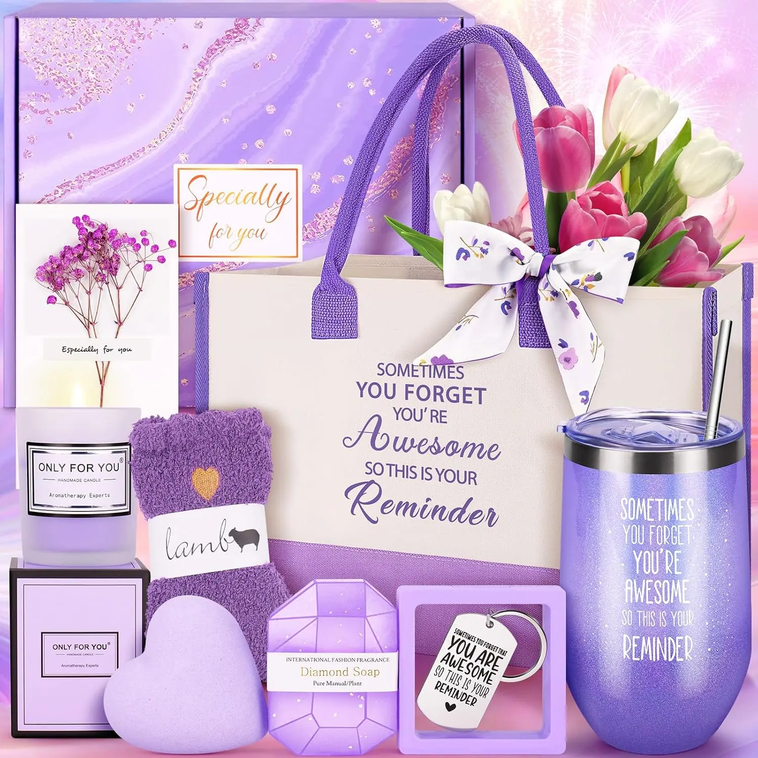 13PCS Birthday Gifts for Women,Mom, Wife, Girlfriend, Sister, Her- Self Care Package Get Well Soon Gifts Basket for Women Purple Birthday Gifts Mothers Day Baskets for Mom