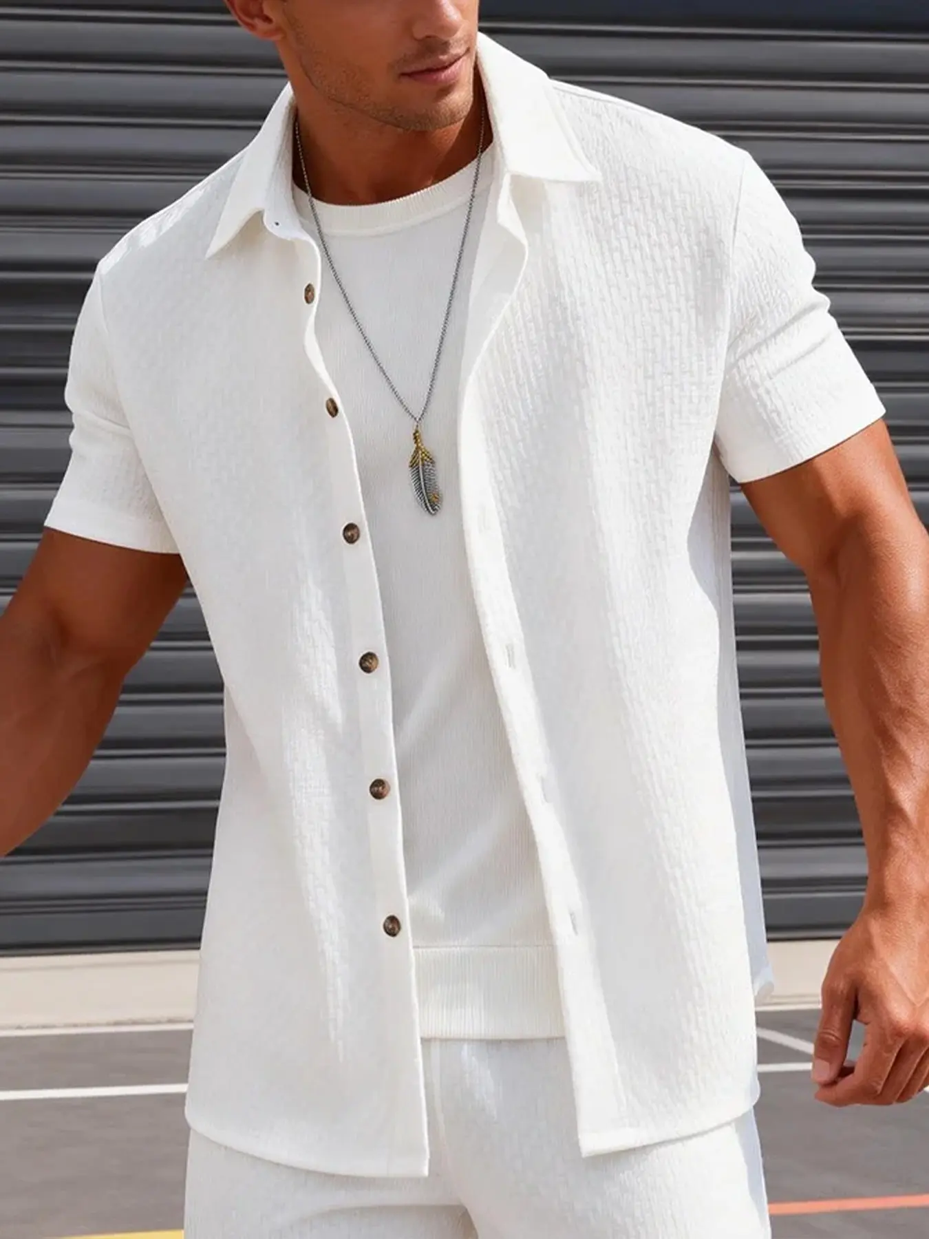 Men's White Textured Waffle Short Sleeve Shirt - Casual Stylish Turn-Down Collar, Soft Breathable Fabric, Relaxed Fit for At-Home Lounging, Lazy Weekends & Daily Casual Wear, Casual Button Up, Casual Stylish Menswear
