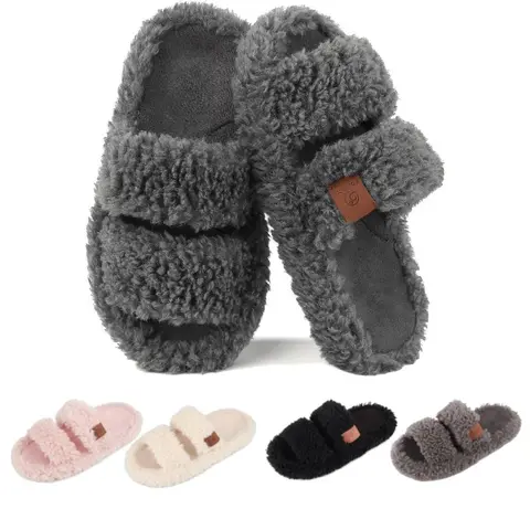 SANPON Women's Fuzzy Cloud Fur Slides - 2-Strap Open-Toe Ankle Slippers, 80D Memory Foam Thick Cushion, Arch Support, Parallel Bars, Non-Slip Soft Rubber Sole, Breathable Light Warm Indoor Footwear, Outdoor-Ready Gifts