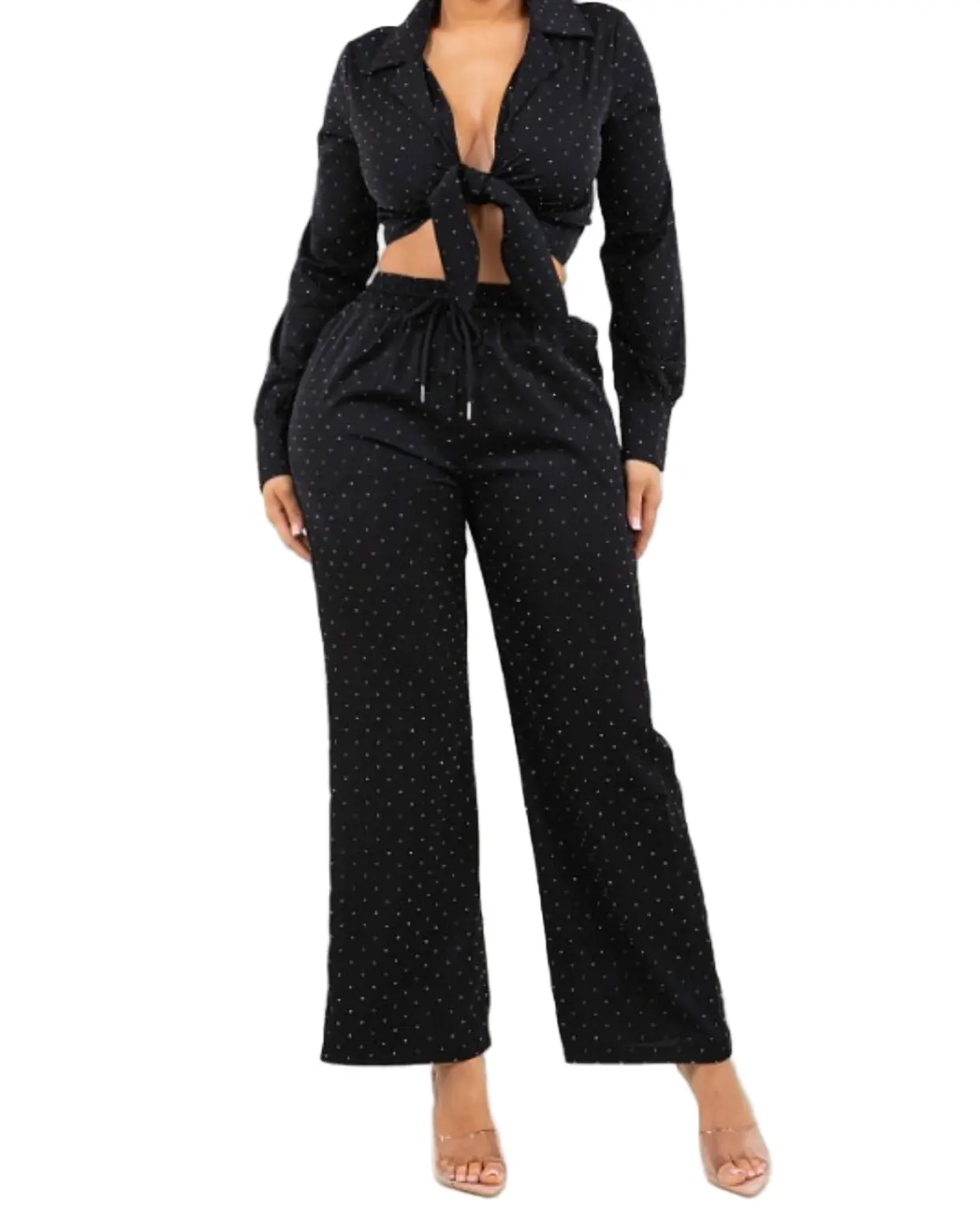 Harley Pants -SOLID-RHINESTONE STRAIGHT LET PANTS  Rhinestone embellished  Straight leg  Elastic waist  Model is wearing a size S (5'7"-34-26-39)  Fabric Contents:  95% POLYESTER / 5% SPANDEX