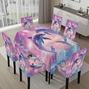 5/7-piece 2D Flat Printing Pink Purple Starry Sky Dolphins Printing Pattern Tablecloth and Dining Chair Slipcover Set, for dining table and chair decoration, perfect for home, holiday gatherings, restaurants, and parties, Chair Covers Set