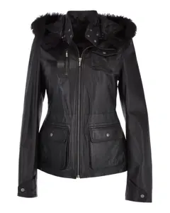 Womens Hooded Biker Real Sheepskin Leather Jacket