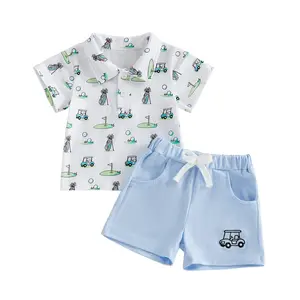 [Lullaby] Boys Summer Shorts Sets Short Sleeve Lapel Golf Embroidery Tops and Drawstring Shorts