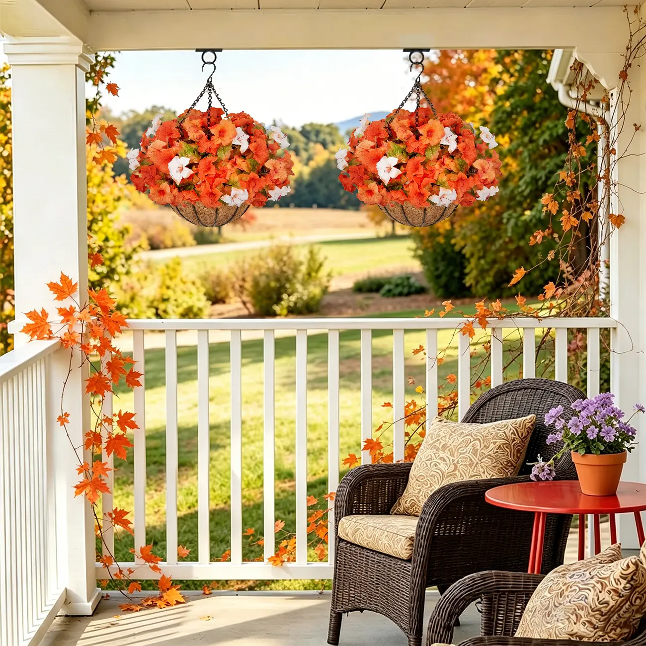 2Pcs Autumn morning glory Artificial Petunia Hanging Basket,UV Resistant Artificial Outdoor Hanging Planters Faux Floral Plants with a Lifelike, Silky Appearance—Ideal for Outdoor Planters, Front Porches, Patios, and Courtyards room decorations