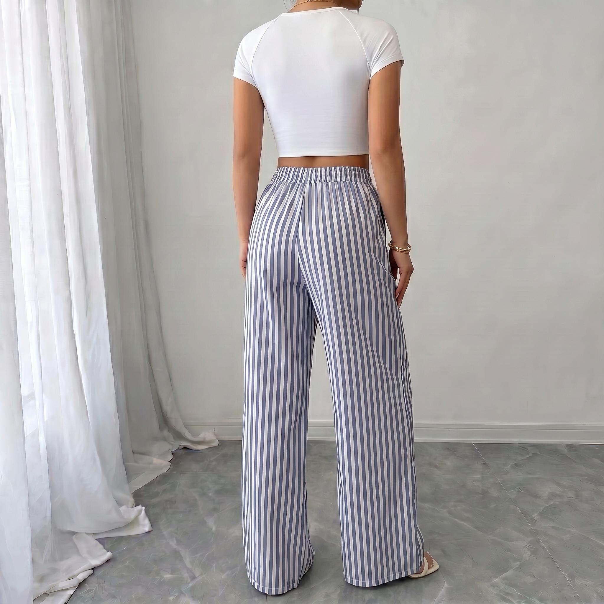 Women’s summer striped loose casual straight-leg pants, lightweight breathable fashionable long trousers suitable for work, travel, everyday wear, 100% polyester fiber