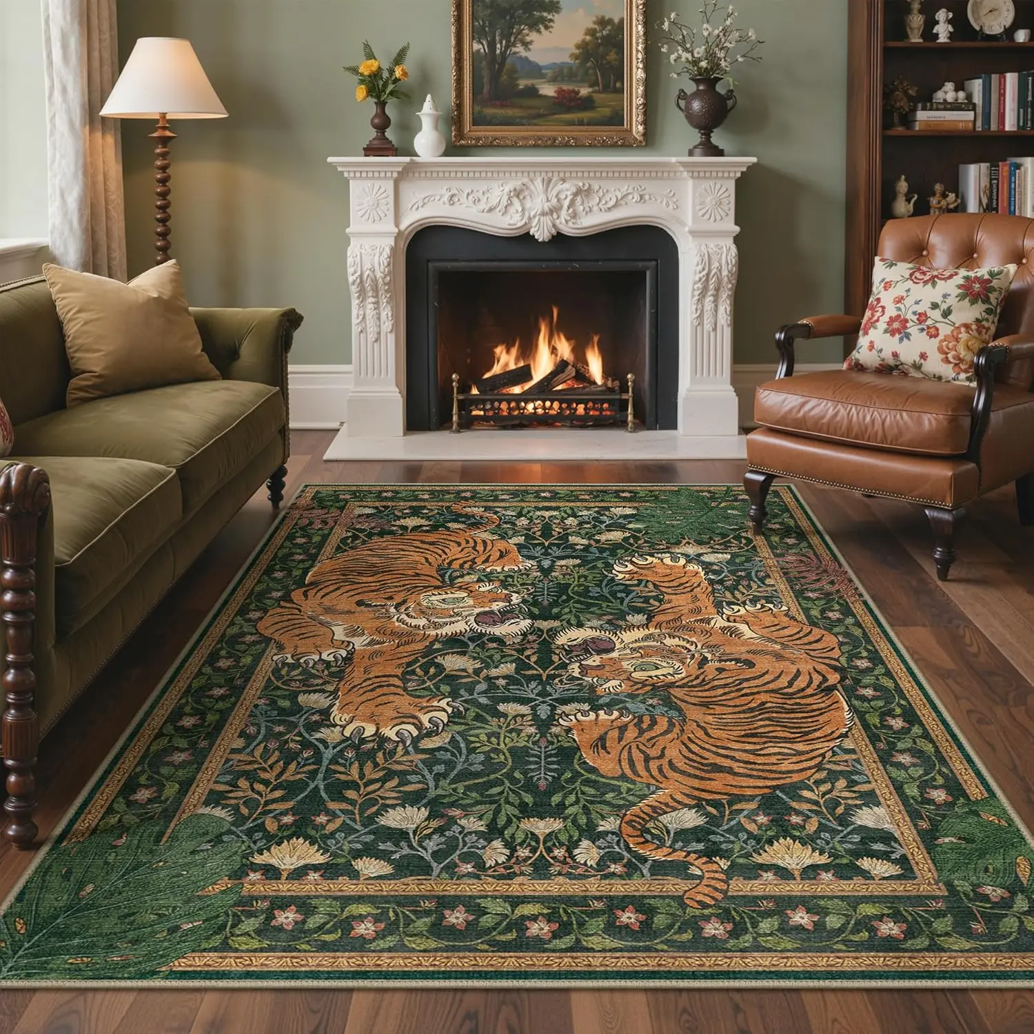 【Back To School】GENIMO Tiger Area Rug , Boho Vintage Hallway Runner Non-Slip, Soft Low Pile Green Kitchen Rug, Botanical Animal Carpet for Entryway Bedroom Laundry Springtok