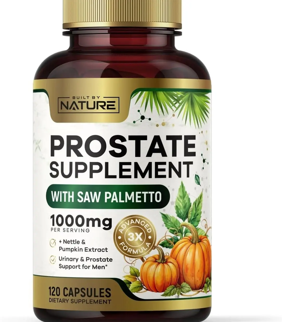 Built by Nature Prostate Supplement with Saw Palmetto - Advanced 3X Formula + Stinging Nettle and Pumpkin Seed Extract – Urinary and Prostate Health Support for Men - 120 Capsules