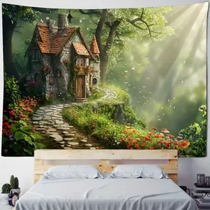 Enchanted Forest House Scenic Tapestry - Brushed Fabric Wall Hanging , Living Room, Indoor Decor - Woven Polyester Landscape Art, No Electricity Required Home Bedroom Flowers Tree Decoration Design Plant