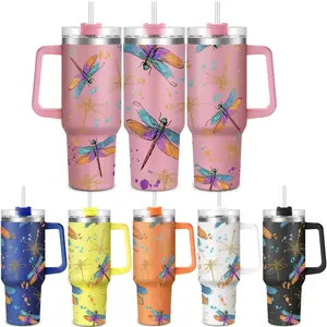 Dragonfly Pattern Tumbler, 1 Count 40oz Stainless Steel Water Bottle with Lid, Drinking Cup for Home Office School Outdoor Camping, Drinkware